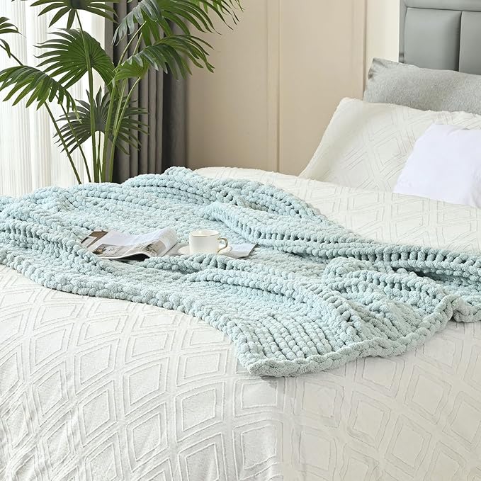 Esterra Chunky Knit Blanket Throw 40"x50", 100% Hand Knitted Chenille Throw Blanket, Cozy Soft Thick Cable Knit Throw Large Rope Knot Crochet Throw Blanket for Sofa Couch Bed, Sky Blue