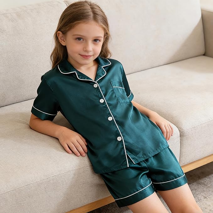 Hupohoi Unisex Girls Boys Kids Pajama Sets Button Down Satin Sleepwear Nighty 3PCS Silky Lounge Sets Nightwear