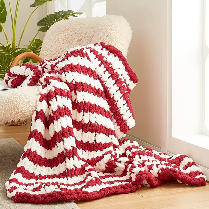 Amélie Home Chunky Knit Throw Blanket for Couch, Soft Chenille Handmade Crochet Throw Rope Knot Blanket for Couch, 50"x60",Red White Stripe