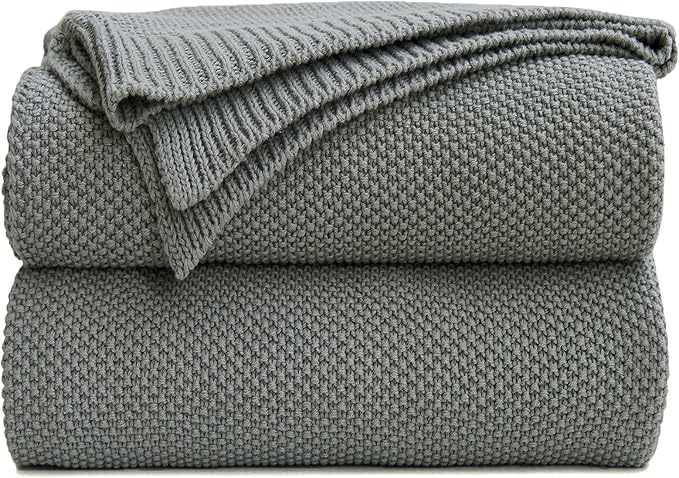 Longhui bedding Medium Grey 100% Cotton Cable Knit Lightweight Throw Blanket for Couch Sofa Bed Home Décor, Bonus Laundering Bag, Gray Color 50“ x 60” Machine Washable