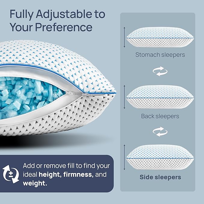 Cooling Shredded Memory Foam Travel & Camping Pillow Large, Adjustable College Dorm Pillow for Home-Like Comfort,Compressible Portable & Medium Firm Neck Support, Ideal Sleeping, Car, Airplane