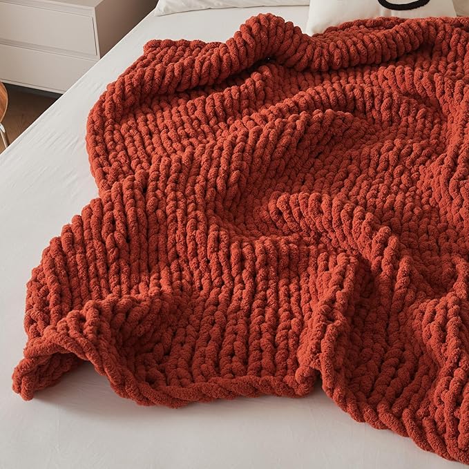WESHIONGOO Chunky Knit Blanket Throw Knitted Throw Blankets for Couch Bed Fluffy Soft Blanket with Jumbo Chenille Yarn Thick 100% Handmade(Rust, 51"×63")