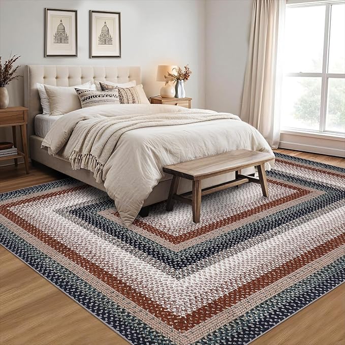 RUGSREAL 5x7 Bedroom Rug Braided Area Rug Machine Washable Living Room Area Rug Modern Braid Printed Throw Carpet for Dining Room Non Slip Entry Rug Farmhouse Carpet for Home Decor, Olive/Brown