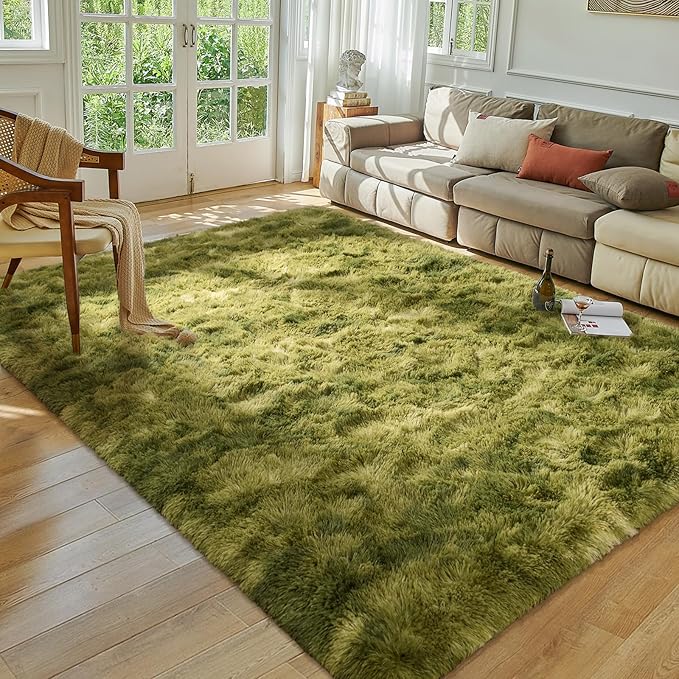 Softlife Area Rug for Living Room, Fluffy Shag Plush 5x8 Green Rugs for Bedroom Girls Kids, Shaggy Soft Fuzzy Tie Dyed Large Carpet for Dorm Bedside Ultra Cozy Non-Slip Indoor Decor
