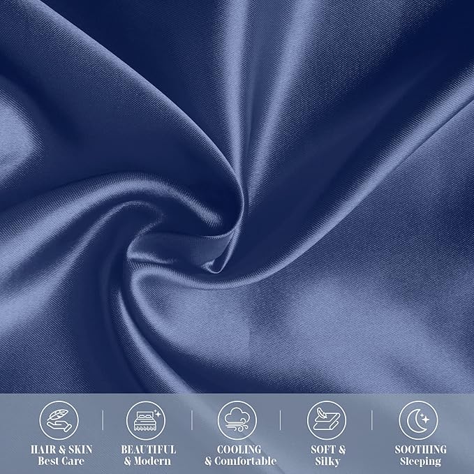 Elegant Comfort 4-Pack Cooling Viscose Satin Pillowcase Set with Hidden Zipper Closure, Silky Smooth for Hair and Skin Care-Beautiful Gift Box-4-Piece Satin Pillowcase Set, Standard/Queen, Navy Blue