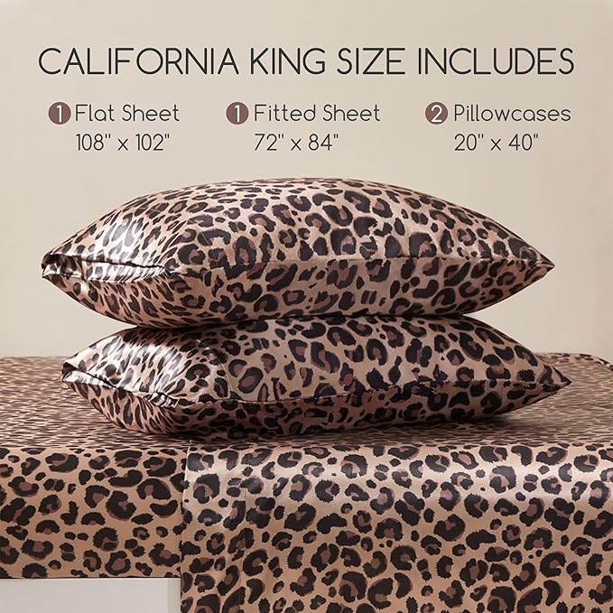 MR&HM Satin Bed Sheets with Elastic Corner Straps, California King Size Sheets Set, 4 Pcs Silky Bedding Set with 15 Inches Deep Pocket for Mattress (California King, Brown Leopard)