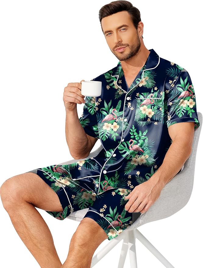 Ekouaer Mens Pajamas Set Silk Satin Sleepwear Short Sleeve Button Down Pjs Set 2 Piece Loungewear with Pockets S-XXL