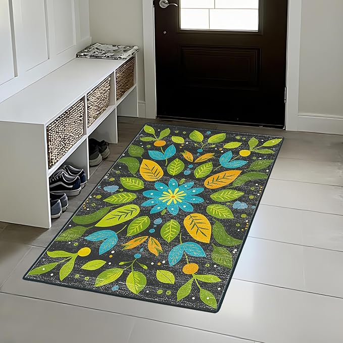 Area Rug 2x3 ft Rug Washable Boho Rugs Non Slip Low Pile Floral Small Carpet for Bedroom, Bedside, Kids Room, Office, Dining Room (Green Leaf, 2x3 ft)