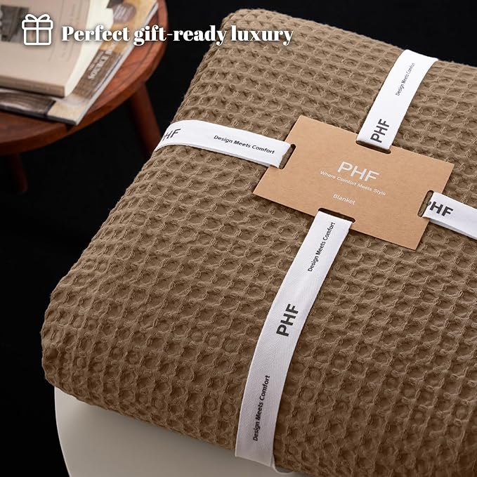 PHF Ultra Soft Waffle Weave Blanket Queen Size 90"x 90"- Washed Lightweight Breathable Cozy Woven Blanket for Bed - Aesthetic Decor for Couch Bedding Sofa Home Car - Mocha