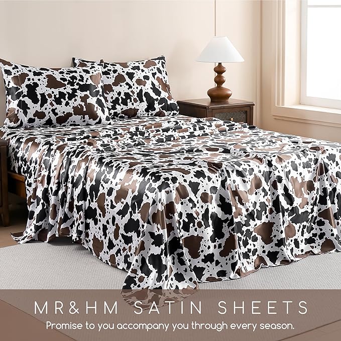 MR&HM Satin Sheets with Elastic Corner Straps, Twin XL Size 3-Piece Silky Bedding Set, Deep Pocket 15 Inches, Good for Hair & Skin (Twin XL, Cow Print)