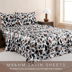MR&HM Satin Sheets with Elastic Corner Straps, Twin XL Size 3-Piece Silky Bedding Set, Deep Pocket 15 Inches, Good for Hair & Skin (Twin XL, Cow Print)