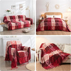 Bohemian Chenille Jacquard Tassel Throws - Reversible Red&Pink Maple Leaf Design for Boho Hippie Vibes - Oversized Blankets for Large Couch, Furniture, Sofa, Chair