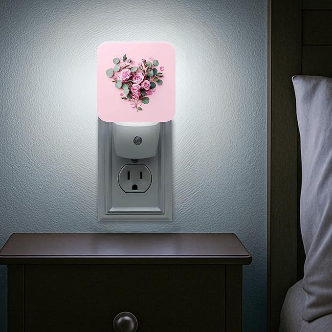 Roses Night Lights Plug Into Wall, Floral Romantic Eucalyptus Heart Shape Spring Peach Compact Plug in Outlet Night Light Led Lamp for Entryway Garage Stairs Decor 2pcs