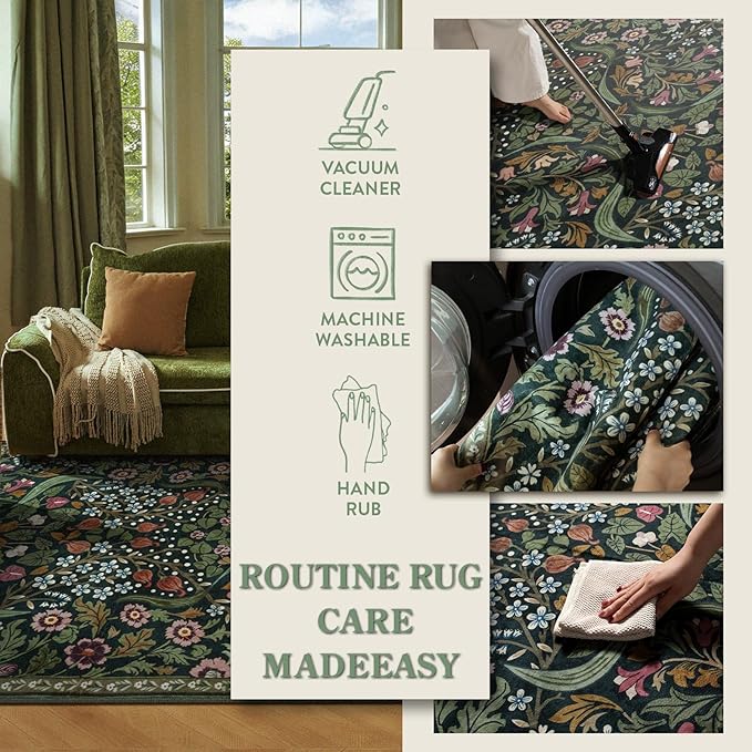 Lahome Claude Floral 5x7 Washable Living Room Rugs, Green Area Rugs for Bedroom Rubber Backed, Botanical Thin Stain-Resistant Carpet for Dining Room, Guestroom, Kids Room, Living Room Decor