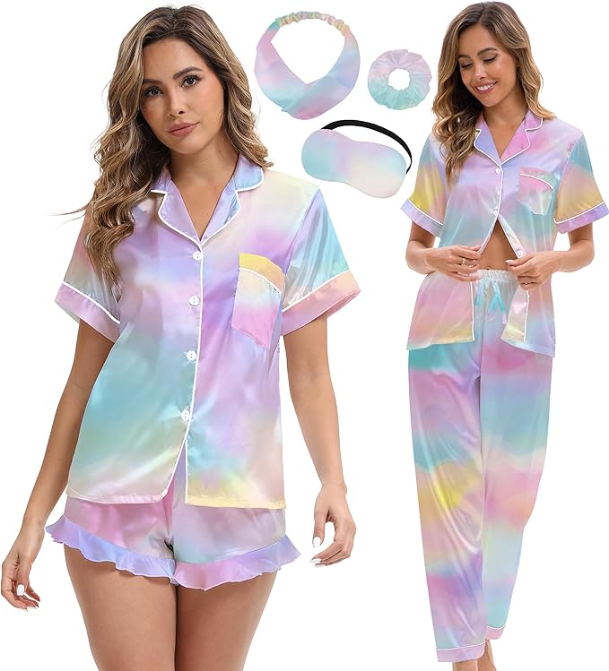 Silk Satin Pajama Set for Women 3-piece Short Sleeve Pajama with Pants Ruffle Shorts Cute Pj Set Button Down Sleepwear