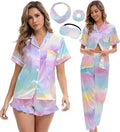 Silk Satin Pajama Set for Women 3-piece Short Sleeve Pajama with Pants Ruffle Shorts Cute Pj Set Button Down Sleepwear