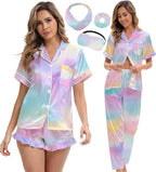 Silk Satin Pajama Set for Women 3-piece Short Sleeve Pajama with Pants Ruffle Shorts Cute Pj Set Button Down Sleepwear