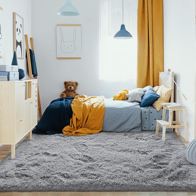 Jelymark Super Soft Shaggy Rug for Bedroom, 4x5.9 Feet Fluffy Carpet for Living Room, Fuzzy Indoor Plush Area Rug for Home Decor, Furry Floor Rugs for Dorm, Kids Nursery Rug for Girls, Grey