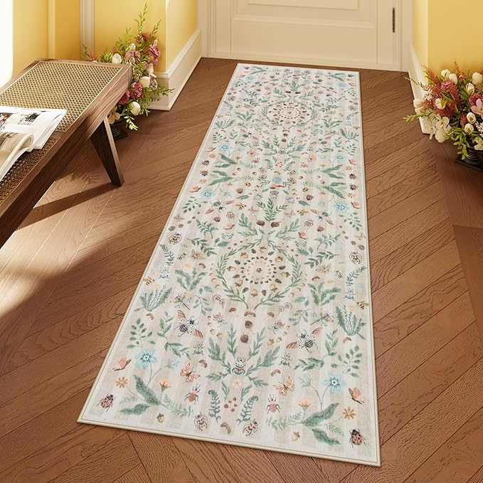 Lahome Chloe Insect Botanical Bathroom Runner Rugs Non Slip Washable,Carpet Runners for Hallways 6ft,Floral Kitchen Runner Rugs Non Skid,Soft Indoor Runners for Entryway Laundry Bedroom(Beige,2x6)