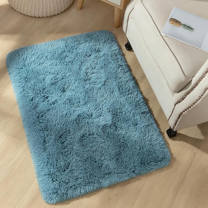 YJ.GWL Runner Rugs for Hallway, 2x4 Washable Small Teal Bedside Rugs for Living Room Bedroom, Soft Fluffy Shaggy Indoor Floor Carpet for Kids Boy and Girls Room Nursery Home Decor Aesthetic