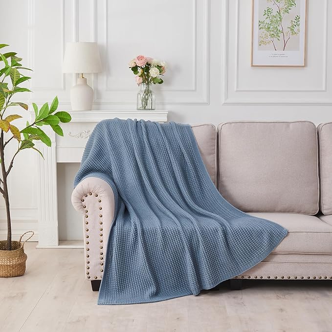 Douceur Blue Throw Blanket for Bed, Soft Chunky Cable Knit Throw Blanket, Classic Fisherman's Rib Stitch Pattern Throw for Living Room Gift, 60"X80"