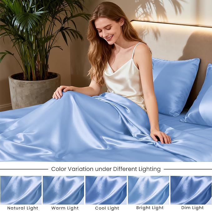 Love's cabin Satin Sheet Set - 3 Piece Sky Blue, Luxury Silky Feel, Twin Size, Deep Pockets, Wrinkle Resistant