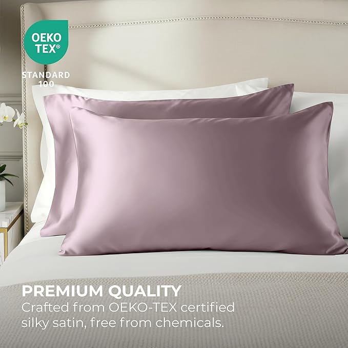 Pure Bedding Satin Pillowcase 2 Pack - Queen Size (20"x30", Champagne Pink) - Silky Pillow Cases for Hair and Skin - Satin Pillow Covers with Envelope Closure - Extra Soft Premium Microfiber