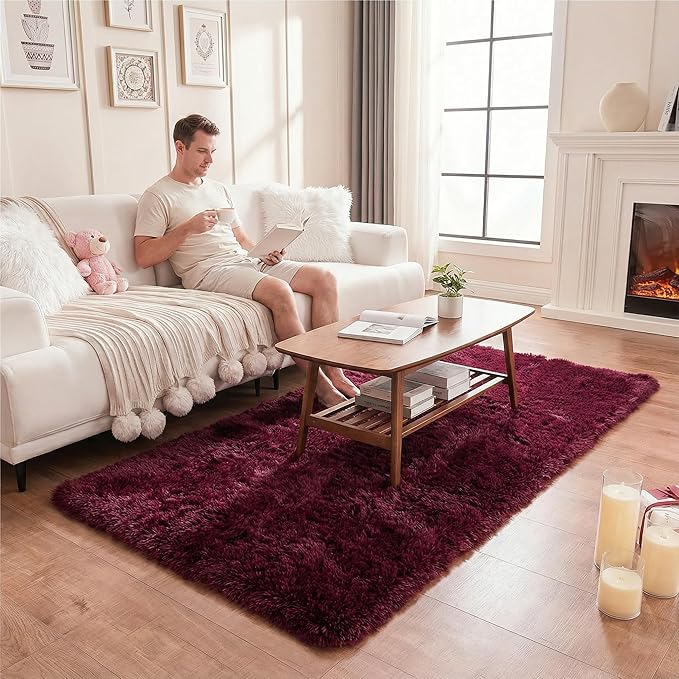 duduta Burgundy Plush Rugs for Bedroom 3x5 ft, Fluffy Shag Rug for Dorm Nursery Bedside, Machine Washable Non Slip