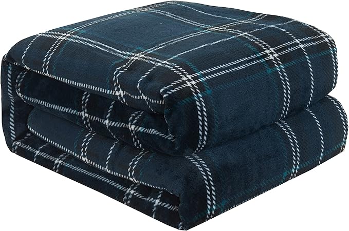 Elegant Comfort Luxury Velvety Feel Blanket, All-Season Lightweight Blanket, Ultra Plush, Soft, Cozy-Fuzzy Flannel Fleece for Couch, Sofa, Bed, Travel, Plaid Design, King/California King, Navy
