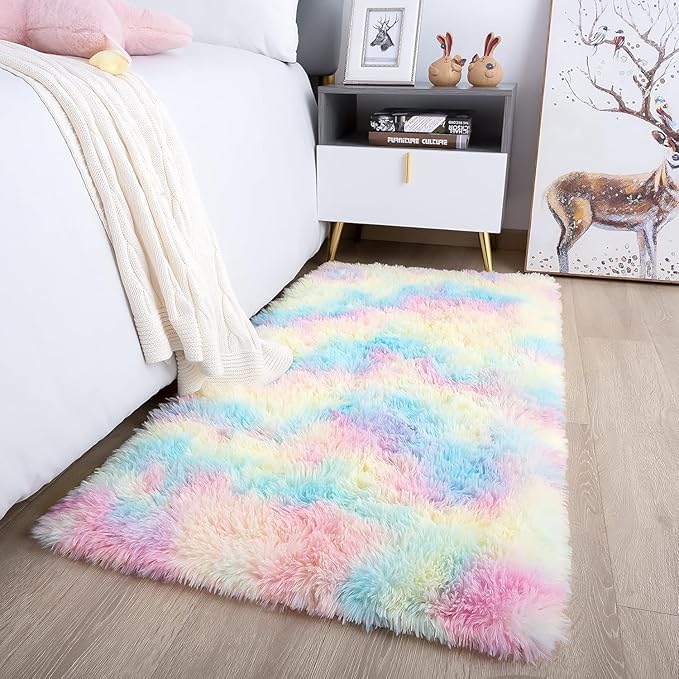 Noahas Fluffy Pink Rainbow Rugs for Bedroom Girls,Kids Rug for Room,Soft Small Carpet,Playroom Shag Nursery Dorm Rugs Living Room Decor, 2 x 3 Feet
