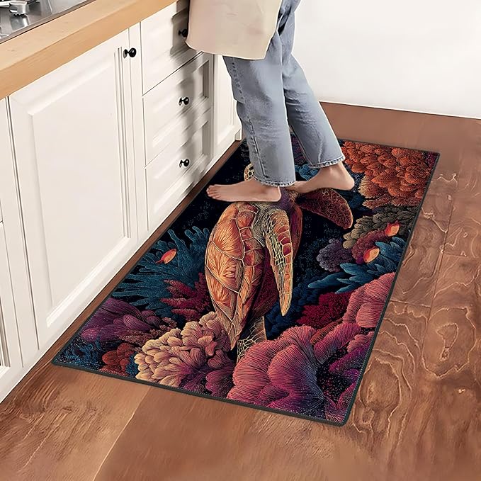 Turtle Area Rug 2x3 ft Entry Rug Washable Boho Rugs Non Slip Low Pile Floral Door Mat Small Carpet for Bedroom, Bedside, Kids Room, Office, Dining Room