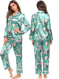 SWOMOG Womens Silk Satin Pajamas Set Long Sleeve Button Down Sleepwear 2 Piece Lounge Set Pj Set XS-3XL