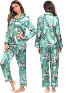 SWOMOG Womens Silk Satin Pajamas Set Long Sleeve Button Down Sleepwear 2 Piece Lounge Set Pj Set XS-3XL