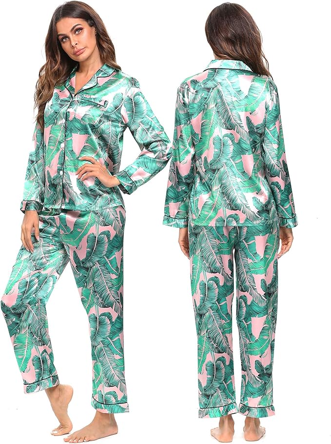 SWOMOG Womens Silk Satin Pajamas Set Long Sleeve Button Down Sleepwear 2 Piece Lounge Set Pj Set XS-3XL