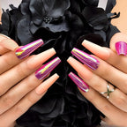 Hypnaughty 24 Pcs Raspberry Golden Chrome & Peach Extra Long Coffin Press On Nails and Glue Reflective Mirror XL False Nails (Raspberry Golden Chrome & Peach)