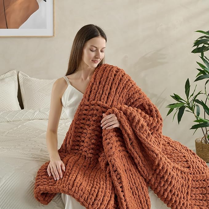 Soft Knitted Throw Blanket - 50x60 Inch Cozy & Lightweight All-Season Blanket, Wrinkle-Resistant Polyester for Couch, Bed, Sofa, Reading Nook (Orange)