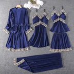 Women's 4pcs Silk Satin Pajamas Set Floral Lace Trim Dress with Robe Lounge Sleepwear Nightdress Novelty Loungewear