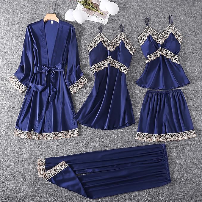 Women's 4pcs Silk Satin Pajamas Set Floral Lace Trim Dress with Robe Lounge Sleepwear Nightdress Novelty Loungewear