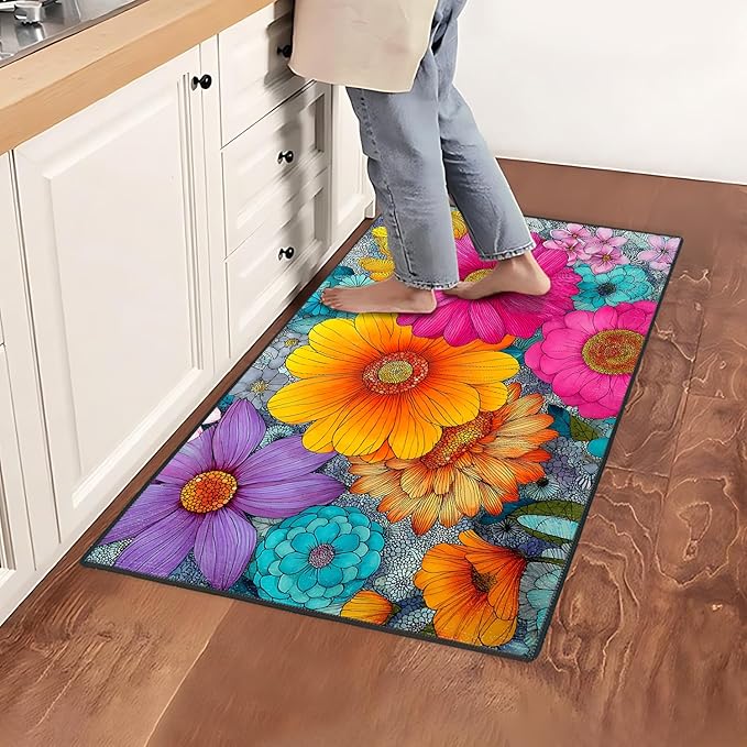 Floral Area Rug 2x3 ft Entry Rug Washable Boho Rugs Non Slip Low Pile Spring Floral Door Mat Small Carpet for Bedroom, Bedside, Kids Room, Office, Dining Room