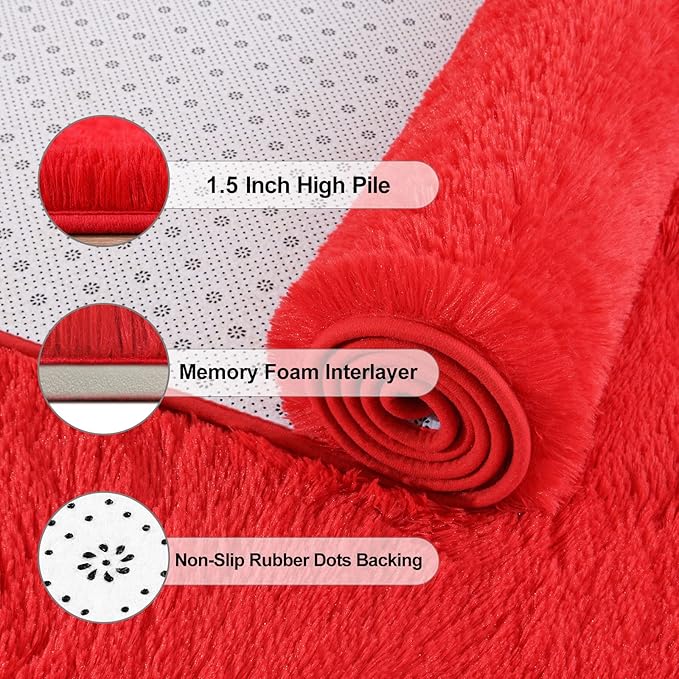 Jelymark Super Soft Shaggy Rug for Bedroom, 2x6 Feet Fluffy Carpet for Living Room, Fuzzy Indoor Plush Area Rug for Home Decor, Furry Floor Rugs for Dorm, Kids Nursery Rug for Girls, Red