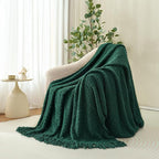 Throw Blanket for Couch, Dark Green Luxury Knitted Throws 60"x80", Textured Blankets with Handmade Fringe Tassels for Bed Sofa Decorative, Chunky Soft Farmhouse Boho Home Decor