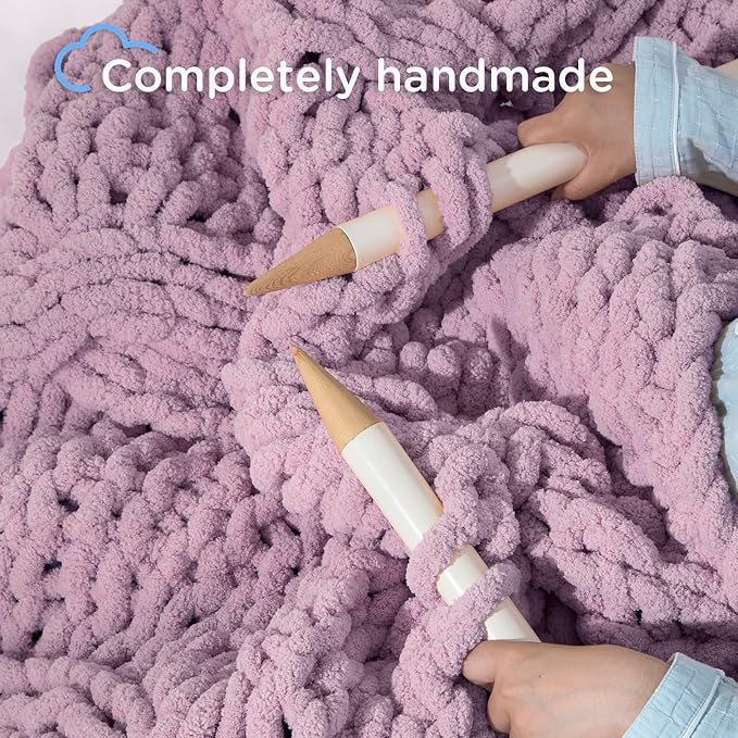 Chunky Knit Blanket Throw - 100% Hand Knitted Chunky Soft Throw Blanket for Couch, Thick and Warm Blanket for Winter, Purple, 40x50 Inches