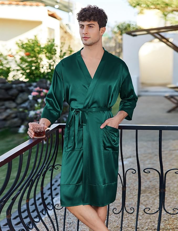 Ekouaer Mens Satin Robe Lightweight Silky Kimono Bathrobe 3/4 Sleeve Spa Knee Length Loungewear with Pockets S-3XL