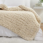 YAAPSU Chunky Knit Throw Blanket for Couch, 51"x63", 100% Hand Knitted Thick Cable Knit with Cozy Jumbo Chenille Yarn, Soft Large Rope Knot Crochet Blankets for Sofa Bed Living Room Décor, Beige