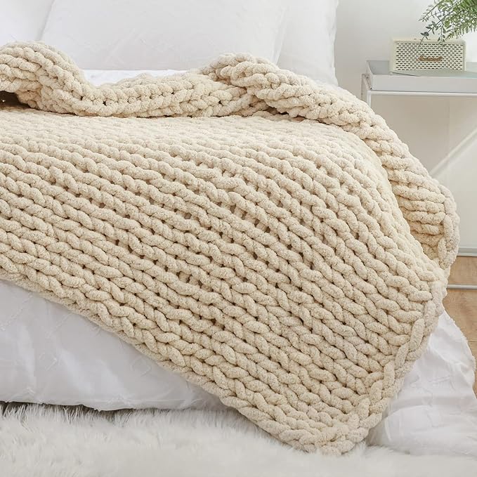 YAAPSU Chunky Knit Throw Blanket for Couch, 51"x63", 100% Hand Knitted Thick Cable Knit with Cozy Jumbo Chenille Yarn, Soft Large Rope Knot Crochet Blankets for Sofa Bed Living Room Décor, Beige