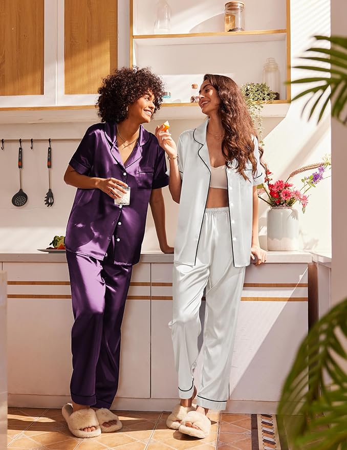 Ekouaer Satin Pajamas Set Women Short Sleeve Sleepwear Soft Button Down Loungewear Pjs Set