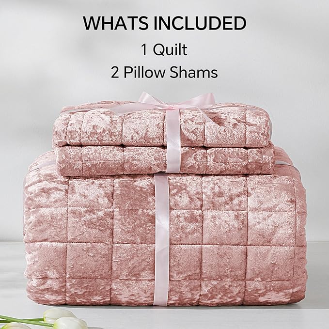 BEDELITE Velvet Quilt Set King Size - Luxury Velvet Comforter Bedding Set 3 Pieces, Soft Cozy Shiny Dusty Pink Oversized Bedspread Coverlet for All Seasons with 2 Pillow Shams