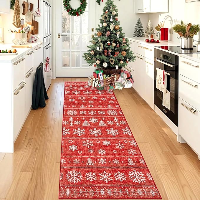 XLUEZ Runner Rug 2x6 Christmas Rugs, Machine Washable Kitchen Runner Boho Christmas Tree Snowflake Rug Non-Slip Soft Low Pile Hallway Rugs for Entryway Bedroom Bathroom Laundry(Xmas Red, 2'x6')