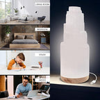 Himalayan Glow Selenite Crystal Lamp 20cm, Hand Curved Morocco |Skyscraper| Crystals and Healing Stones,(ETL Certified) with Wooden Base & USB Charging Cable For Healing Cleansing & Meditation