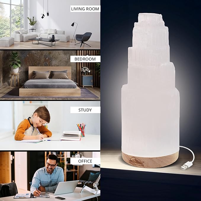 Himalayan Glow Selenite Crystal Lamp 20cm, Hand Curved Morocco |Skyscraper| Crystals and Healing Stones,(ETL Certified) with Wooden Base & USB Charging Cable For Healing Cleansing & Meditation